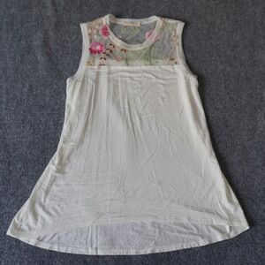 Pebble and Stone Embroidered Floral‎ Mesh Tank Top Sleeveless Ivory Casual